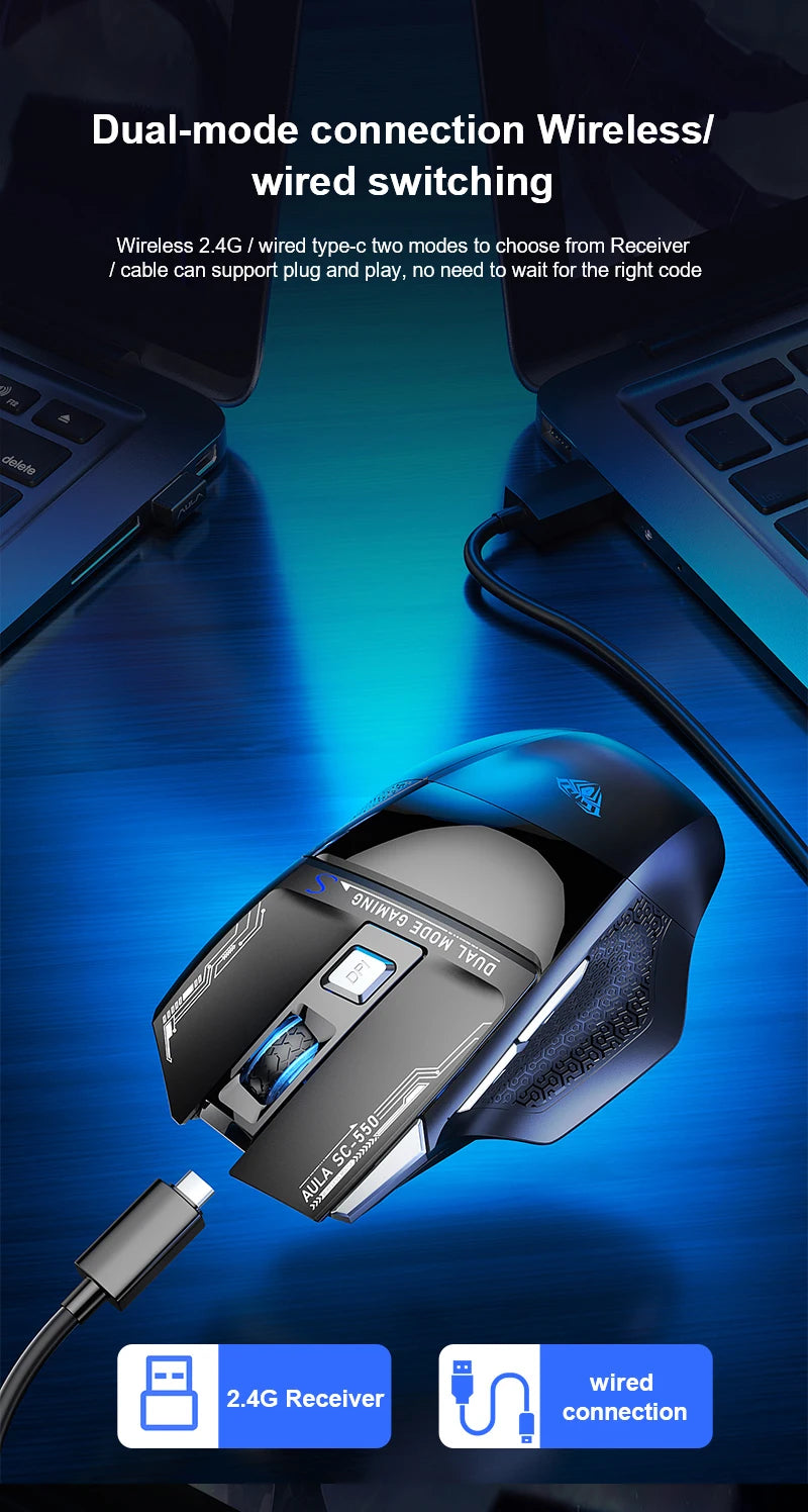 AULA SC550 gamingmus 2.4G trådlös makromus RGB-bakgrundsbelysning ergonomisk design e-sportmus PC-tillbehör