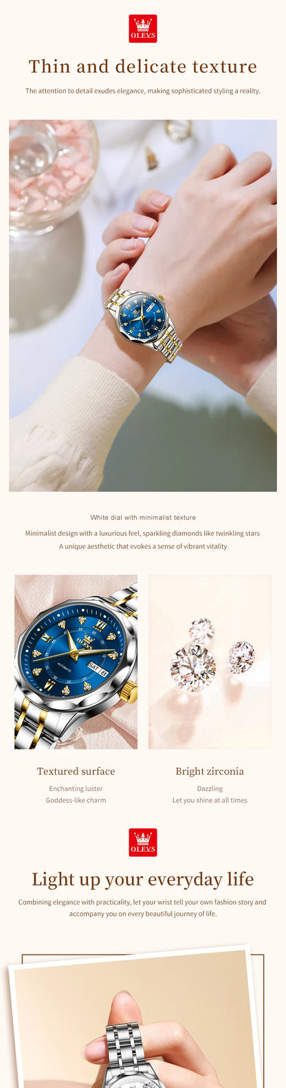 OLEVS 6727 Ladies Watch Automatic Mechanical Watch Stainless Steel Waterproof Calendar Week Watches For Women Luxury Elegant New