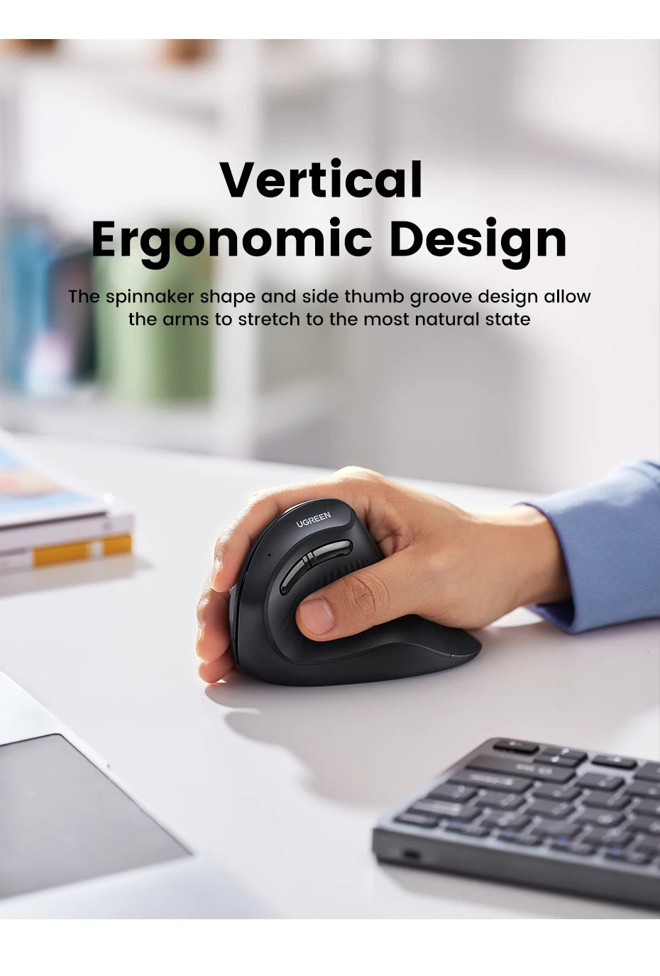 UGREEN Vertical Mouse Wireless Bluetooth 5.0 2.4G Ergonomic 4000DPI 6 Mute Buttons for MacBook Tablet Laptops Computer PC Mice