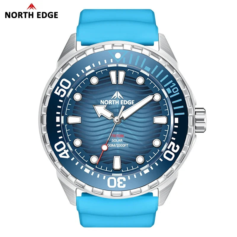 NORTH EDGE New TRITON Solar Powered Diving Watch for Man Luxury Quartz Wristwatches 316L Stainless Steel Case Waterproof 300M