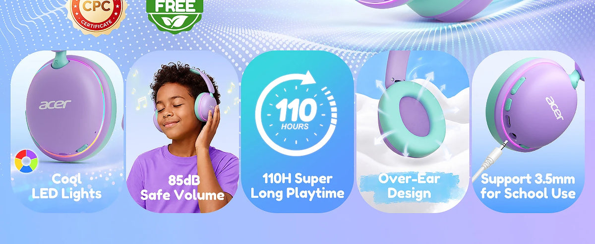 Casque Bluetooth 6.0 pour enfants Acer OHR727 avec lumières LED, conception confortable circumaurale, volume sécurisé de 85 dB, autonomie de 110 heures, microphone intégré