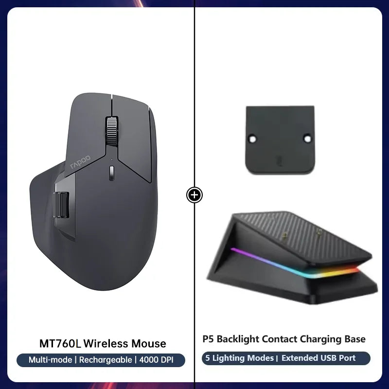 Rapoo MT760/MT760Mini Multi-mode Rechargeable Wireless Bluetooth Mouse Ergonomic 4000 DPI Support Up to 4 Devices Office Mice