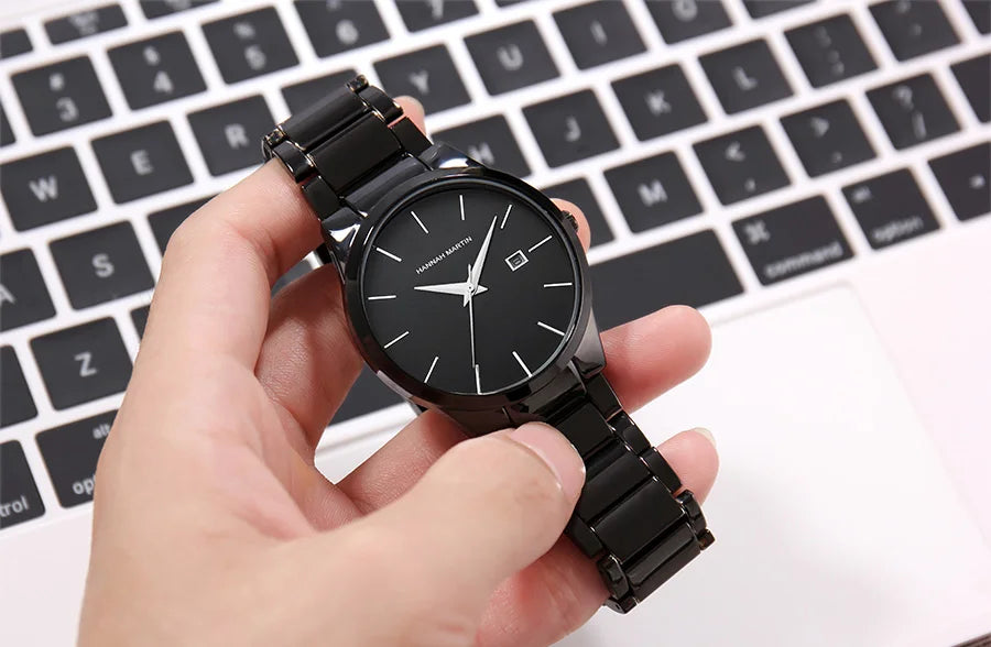 „Hannah Martin“ vyriškas laikrodis, nerūdijančio plieno korpusas, kvarcinis mechanizmas, 41 mm ciferblatas, verslo stiliaus, su kalendoriaus rodymu (imitacija)