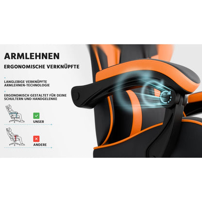 Gaming Chair Ergonomic Gaming Armchair with Lumbar Support, Breathable Pu Leather Office Chair, Comfortable Computer Chair, Load Capacity 200kg, Adjustable Seat Height and Backrest, Black-Orange