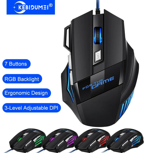 KEBIDUMEI Wired Gaming Mouse RGB Backlit 7 Button Ergonomic USB Mouse 2400 DPI Adjustable DPI Optical Mouse for PC Laptop