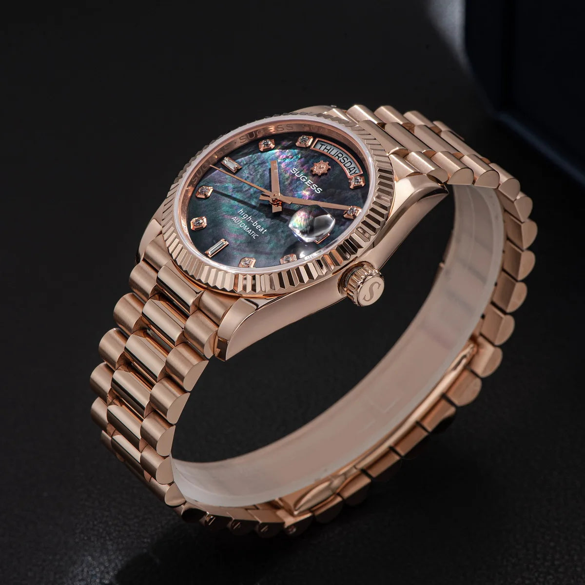 Sugess Watch of Men 36mm Date Automatic Retro Mechanical Wristwatches Sapphire Crystal RoseGold Dandong SL3034 Movement Day New