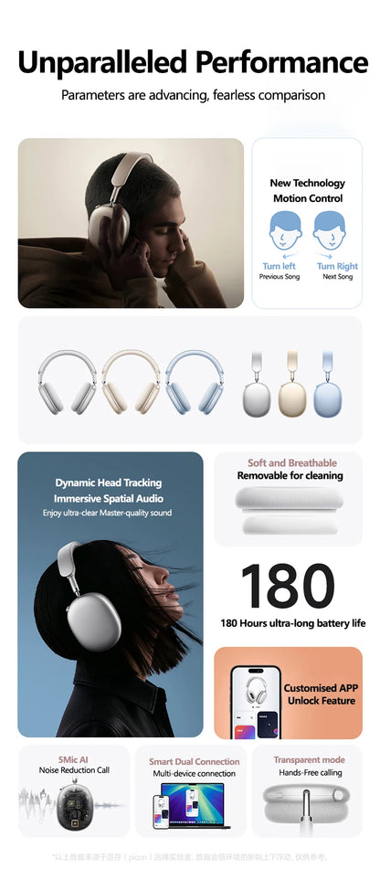 Picun F8MAX ANC kabelloser Kopfhörer, 59dB hybrides aktives Noise Cancelling, Spatial-Audio-Ohrhörer, Bluetooth 6.0, Over-Ear-Headset, 180H