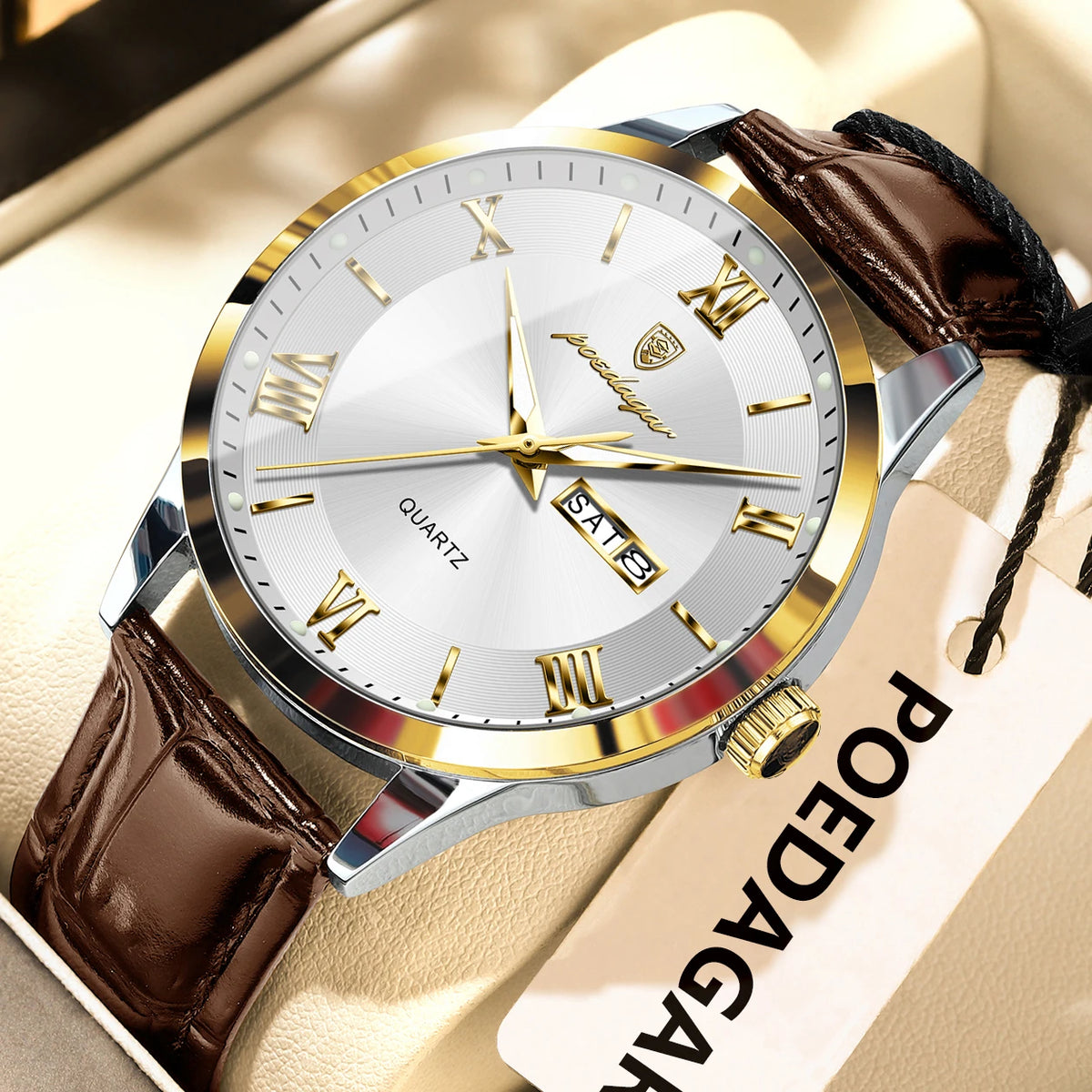 Trendige Herrenuhr von POEDAGAR, Lederarmband, Datums- und Wochentagsanzeige, luxuriöse Quarzuhr, wasserdicht, leuchtend, lässiger Business-Stil.