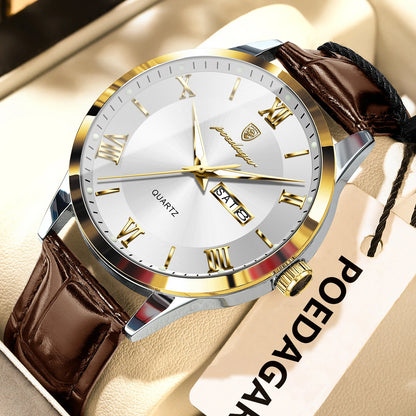 Trendige Herrenuhr von POEDAGAR, Lederarmband, Datums- und Wochentagsanzeige, luxuriöse Quarzuhr, wasserdicht, leuchtend, lässiger Business-Stil.