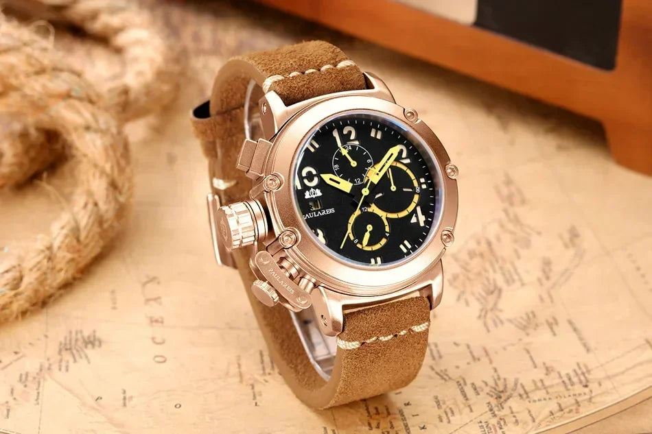 Automatic Watches for Men Mechanical Self Wind Genuine Leather Multifunction Date Boat Month Gold Bronze U Reloj Hombre Baratos