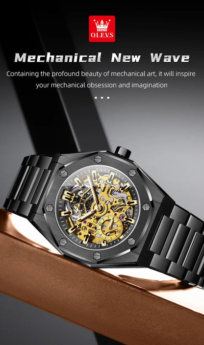 OLEVS Watches Luxury Man High Quality Original Fully Skeleton Automatic Mechanical Watch Stainless Steel Men Watches Gifts Box