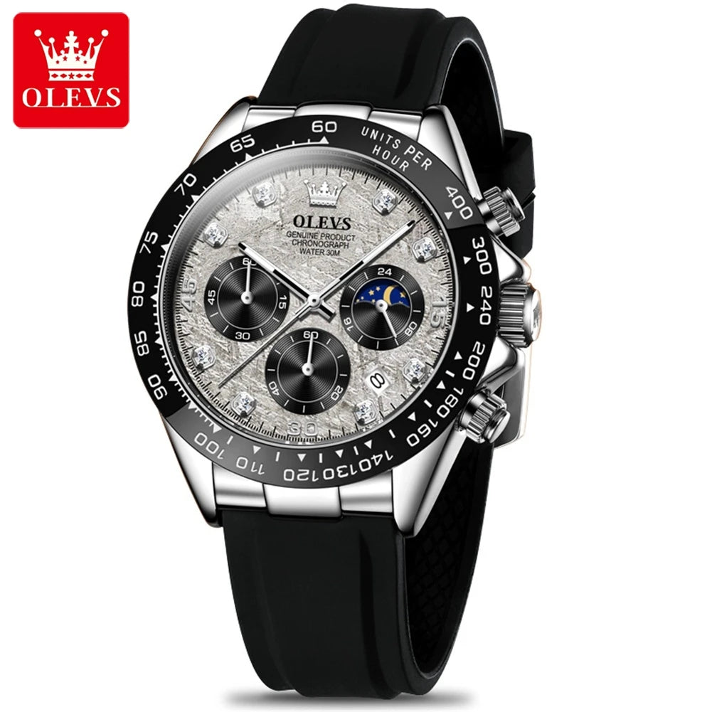 OLEVS 2875 Quartz Watch for Men Original Luxury Brand Silicone Strap Chronograph Auto Date Waterproof Moon Phase Sport Man Watch