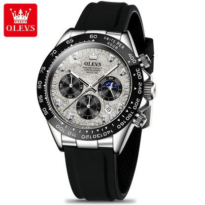 OLEVS 2875 Quartz Watch for Men Original Luxury Brand Silicone Strap Chronograph Auto Date Waterproof Moon Phase Sport Man Watch