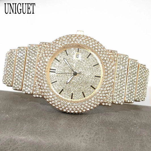 2025 UNIGUET Men's Fashion Iced Watches Luxury Hip Hop Full Diamond Jewelry Quartz Waterproof Business Wrist Watch for Men New