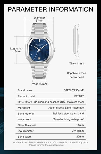 2026 New Luxury Specht & Söhne Watch 37MM Automatic Watches For Men 8215 Movt Sapphire Crystal Stainless Steel 50M Waterproof