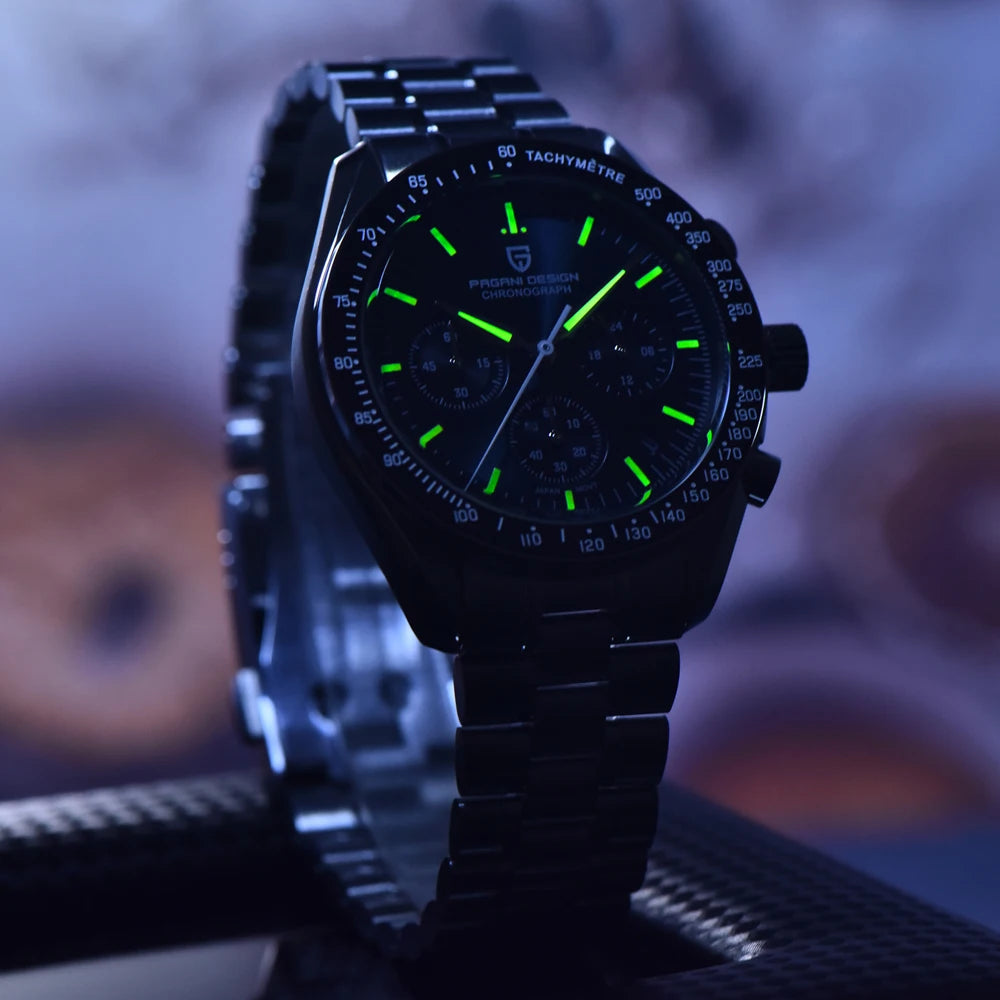 Relógio para homem PAGANI DESIGN «New Moon» – Relógio de quartzo de luxo, cronógrafo, vidro de safira com tratamento antirreflexo, luneta em cerâmica, ponteiros luminescentes