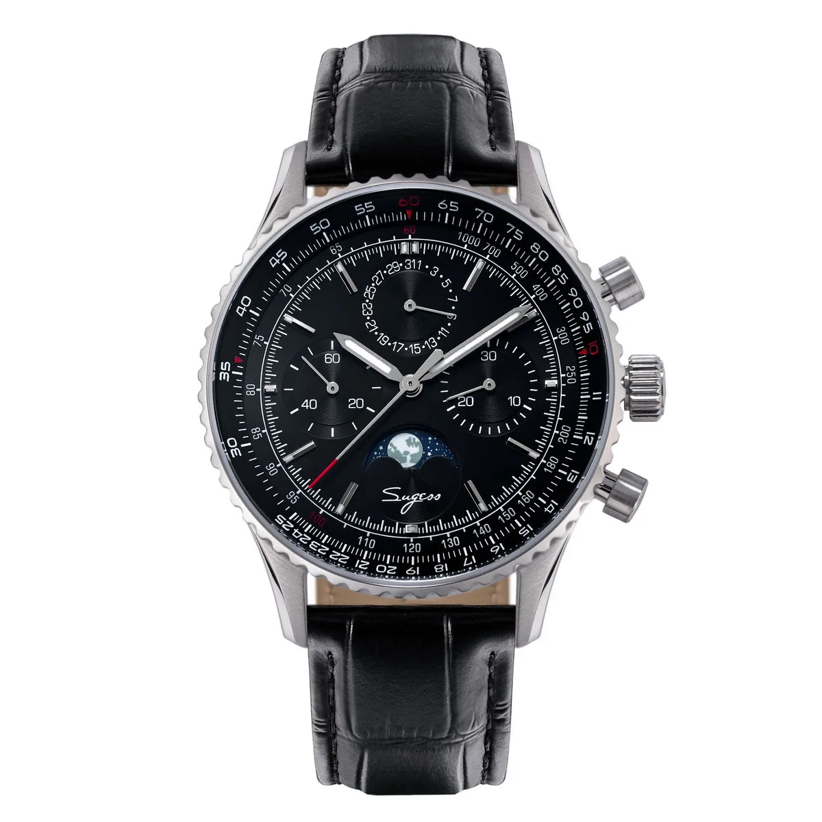 Sugess Chronograph Watch of Man ST1908 Swanneck Movement Mechanical Moonphase Wristwatches Waterproof Calendar Vintage New S468