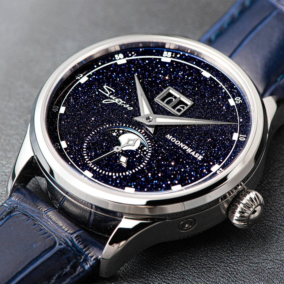 Sugess Moonphase Watch of Men 40mm Automatic Mechanical Wristwatches Origin ST2528 Movement Stainless Steel Blue Sandstone Dials
