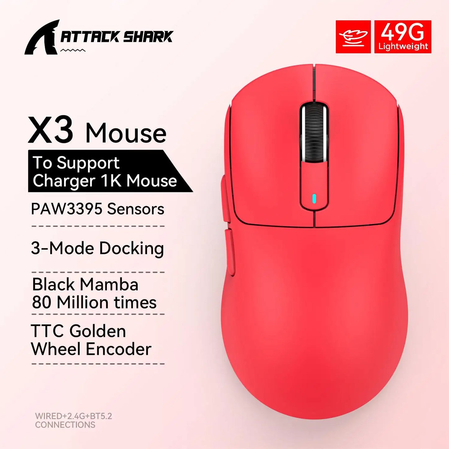 Mouse Gaming Wireless X3 ATTACK SHARK colore rosso, polling rate 4K, connessione Bluetooth tri-mode, PAW3395, mouse gaming Bluetooth con macro