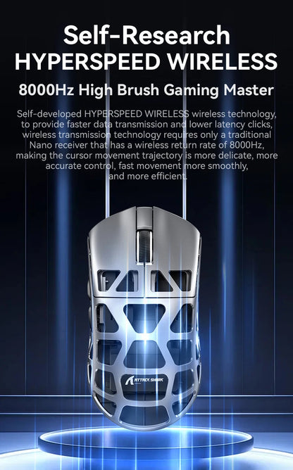 ATTACK SHARK R3 gaming miš od magnezijske legure s honeycomb dizajnom, ultra lagan 8K Hz, PAW3395 senzor, 26000 DPI, ergonomska školjka
