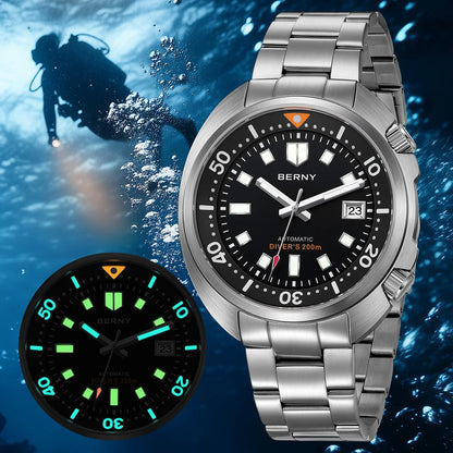 BERNY Automatic Dual Crown Diver Watch For Men Super Luminous Miyota 8215 Sapphire Swim Sport 20ATM Mechanical Men's Dive Watch