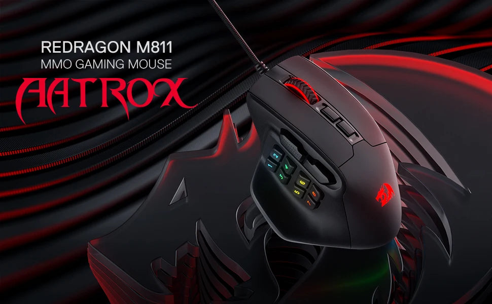 Rato Gaming MMO Redragon M811 Aatrox, rato gamer RGB com fios e 15 botões programáveis, com construção ergonómica para uma pega natural