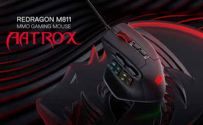 Rato Gaming MMO Redragon M811 Aatrox, rato gamer RGB com fios e 15 botões programáveis, com construção ergonómica para uma pega natural