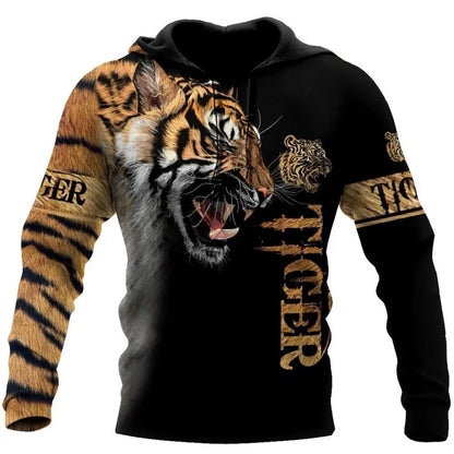 Hoodies de Outono com Leão e Lobo, Pele de Tigre Branco, Impressão 3D Integral, Sweatshirt de Homem Unissexo com Fecho, Casaco Casual de Pulôver