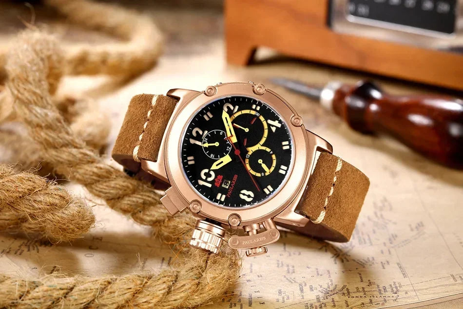 Automatic Watches for Men Mechanical Self Wind Genuine Leather Multifunction Date Boat Month Gold Bronze U Reloj Hombre Baratos