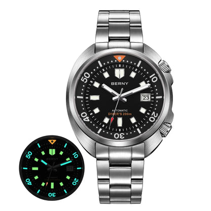BERNY Automatic Dual Crown Diver Watch For Men Super Luminous Miyota 8215 Sapphire Swim Sport 20ATM Mechanical Men's Dive Watch