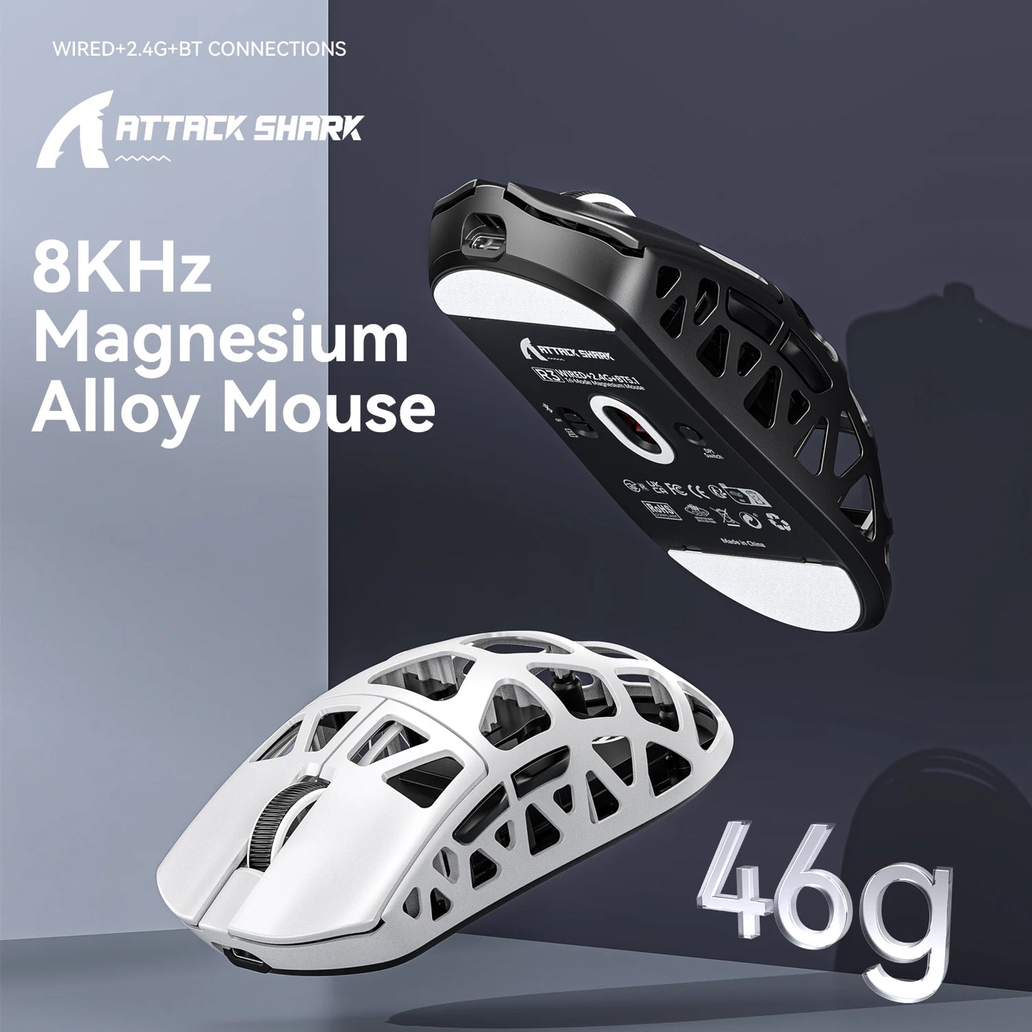ATTACK SHARK R3 gaming miš od magnezijske legure s honeycomb dizajnom, ultra lagan 8K Hz, PAW3395 senzor, 26000 DPI, ergonomska školjka