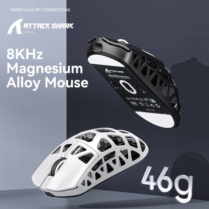 ATTACK SHARK R3 gaming miš od magnezijske legure s honeycomb dizajnom, ultra lagan 8K Hz, PAW3395 senzor, 26000 DPI, ergonomska školjka