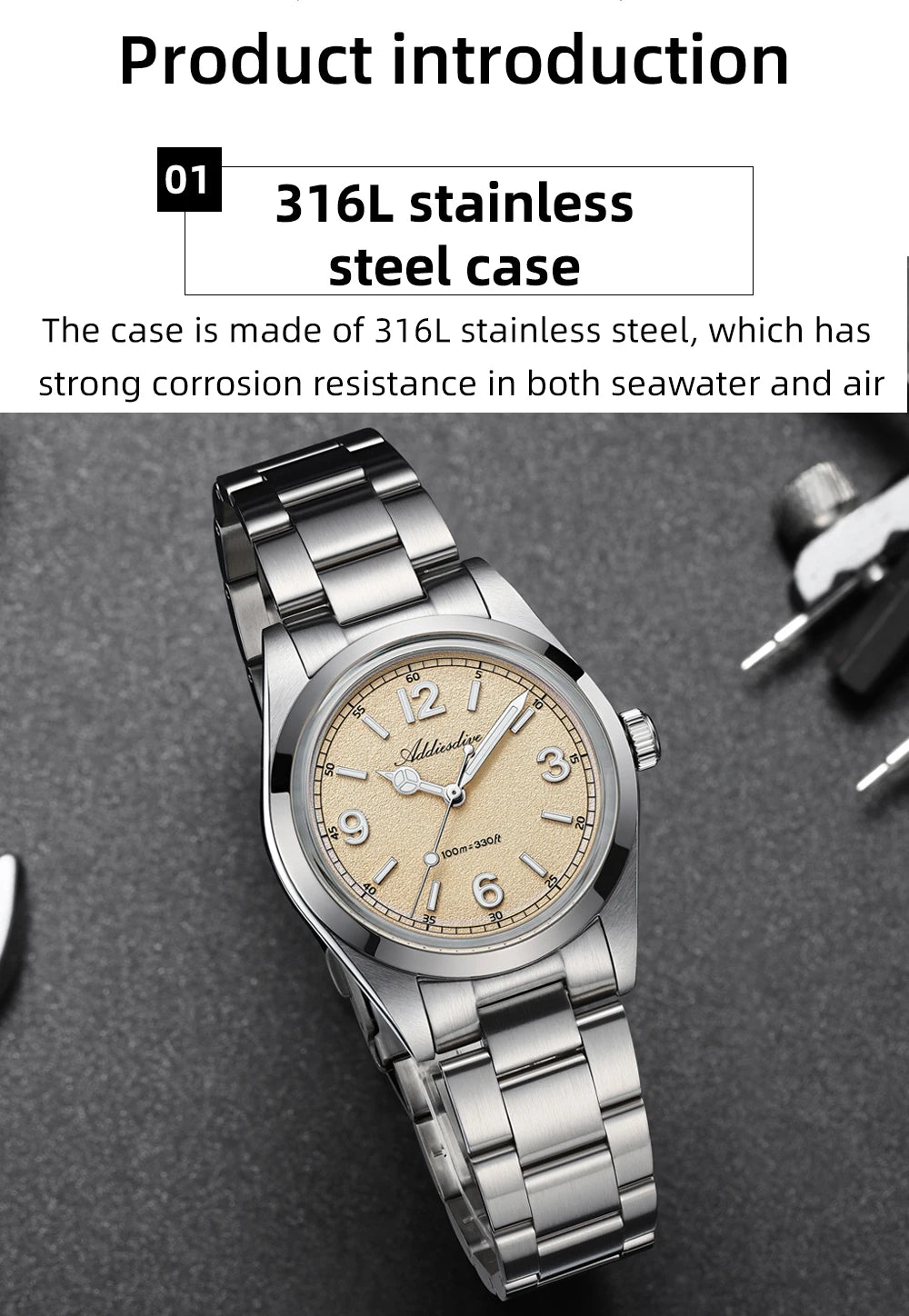 ADDIESDIVE 36mm Orologio da uomo in offerta AD2518, vetro bombato, acciaio inox 316L, impermeabile 100m, al quarzo