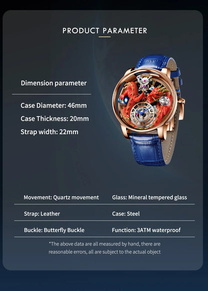 PINDU Fashion Roman Numeral Display Mineral Tempered Glass Material Quartz Movement 3ATM Waterproof Celestial Dragon Men's Watch