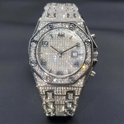 Gold Watches For Men Full Iced Diamond Men's Quartz Watch Luxury Fashion Calendar Wristwatch Dropshipping