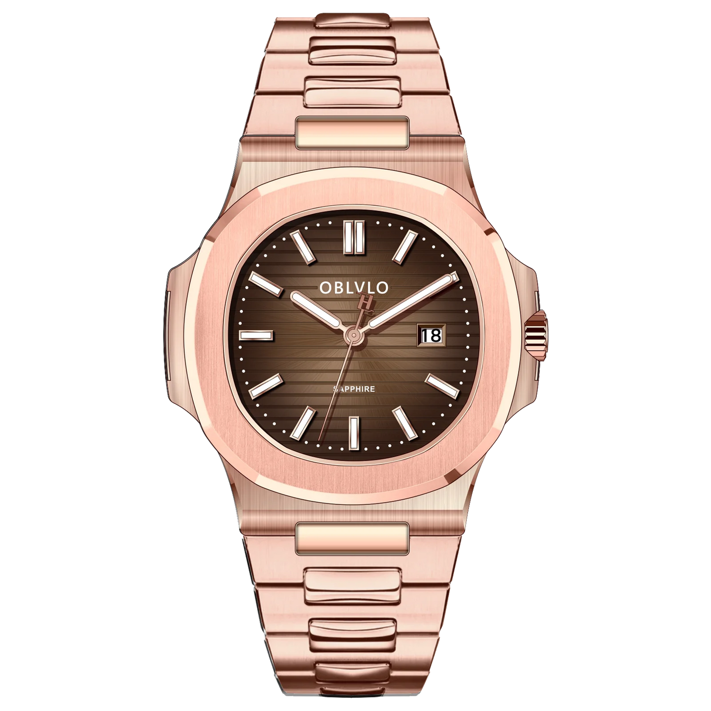 OBLVLO Men's Rose Gold Brown Dial Bracelet Watch with Date Swiss Quartz Movement Elegant Dress Watch for Gentlement FM-YWL-S