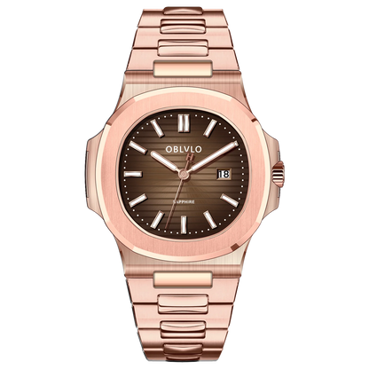 OBLVLO Men's Rose Gold Brown Dial Bracelet Watch with Date Swiss Quartz Movement Elegant Dress Watch for Gentlement FM-YWL-S