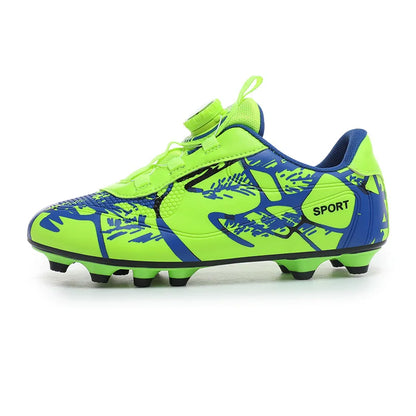 Chaussures de Football à lacets rapides pour enfants, blanches et bleues, crampons ultralégers de haute qualité, baskets de Football antidérapantes pour Match en plein air