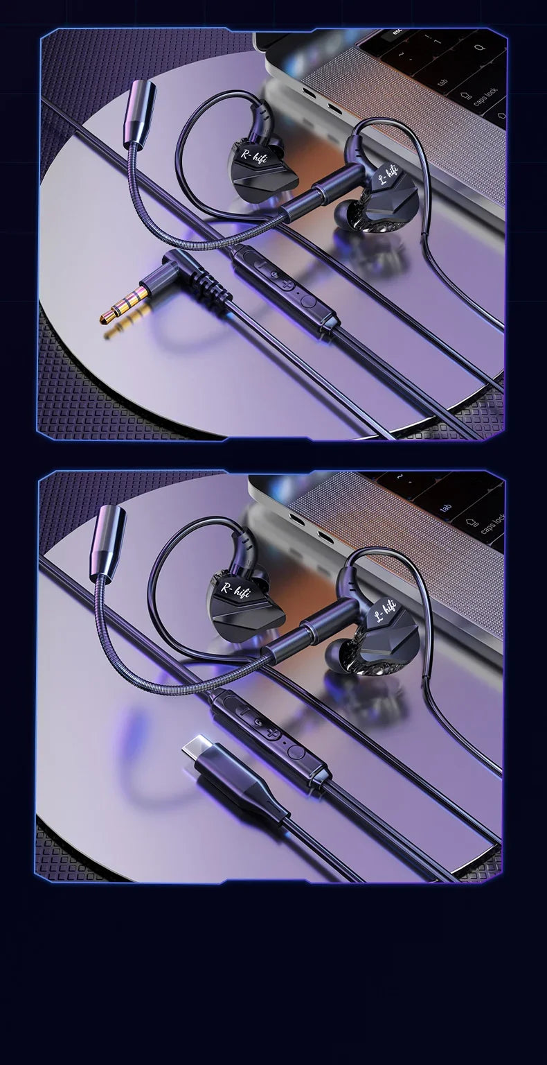 Auriculares para videojuegos con doble micrófono, auriculares estéreo Hi-Fi para videojuegos con conexión tipo C y cable de 3,5 mm, auriculares intraauriculares con reducción de ruido y micrófono para Samsung
