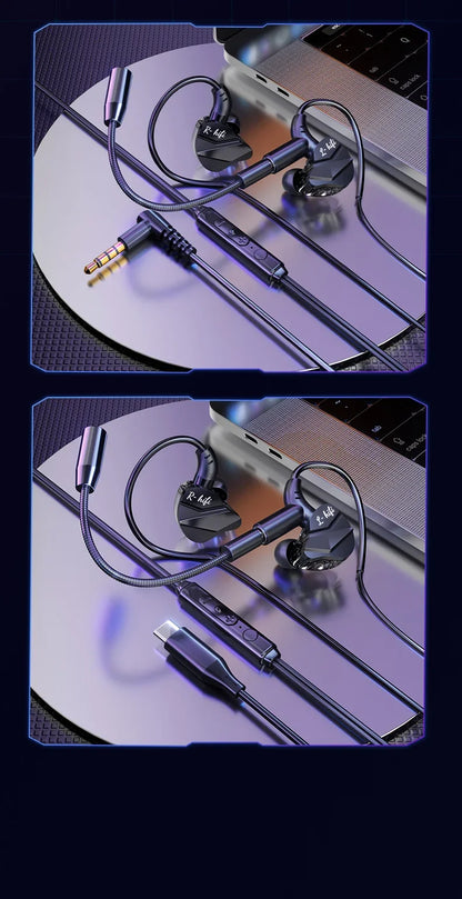 Auriculares para videojuegos con doble micrófono, auriculares estéreo Hi-Fi para videojuegos con conexión tipo C y cable de 3,5 mm, auriculares intraauriculares con reducción de ruido y micrófono para Samsung