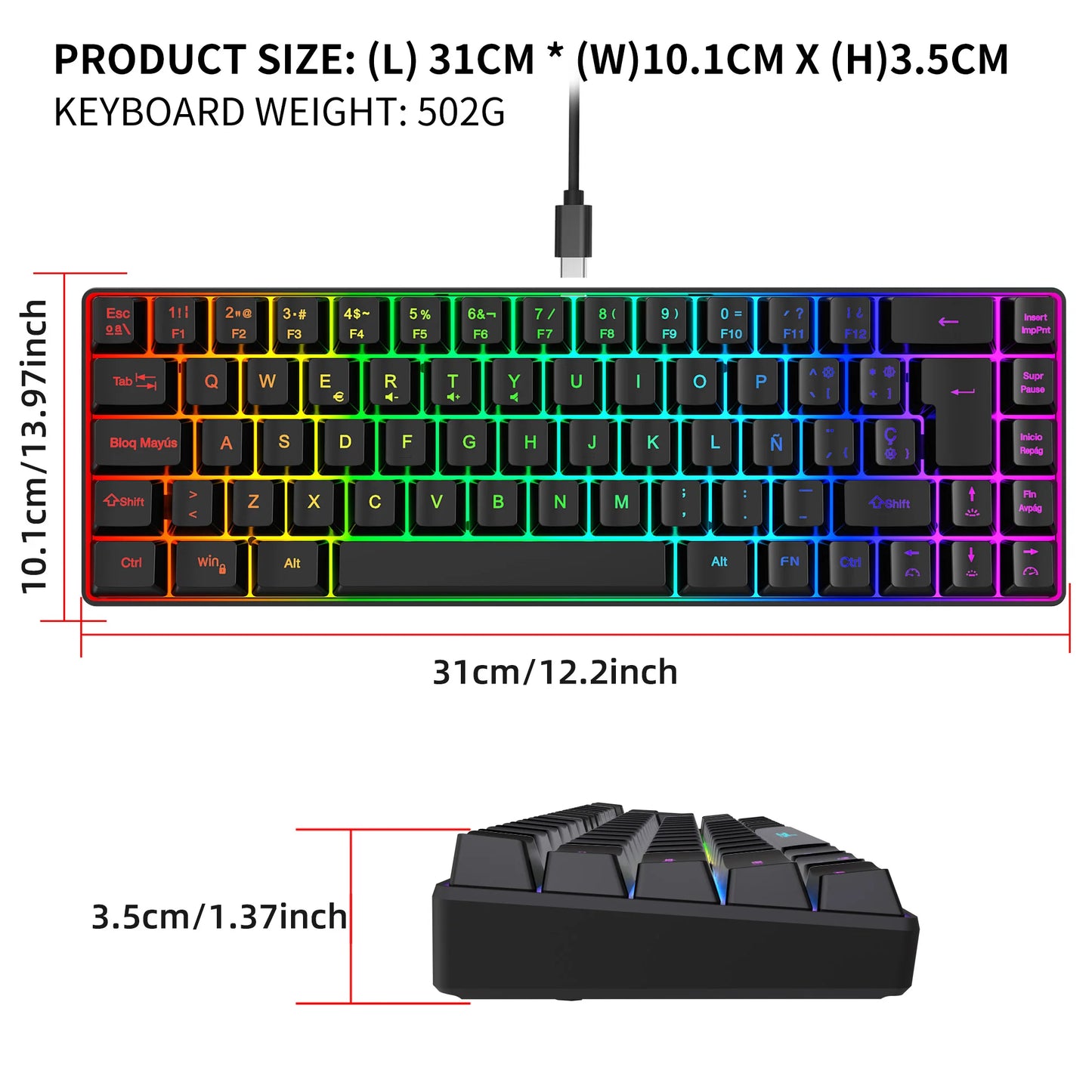 Promoção imperdível! Teclado gaming com fios espanhol de 69 teclas, retroiluminação RGB e design compacto 68%, um acessório indispensável para profissionais de escritório e gamers