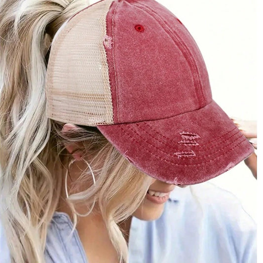 1pc Vintage Ponytail Mesh Baseball Cap,Adjustable Outdoor Sun Protection Washed Distress Trucker Hat,Suitable for Spring/Autumn