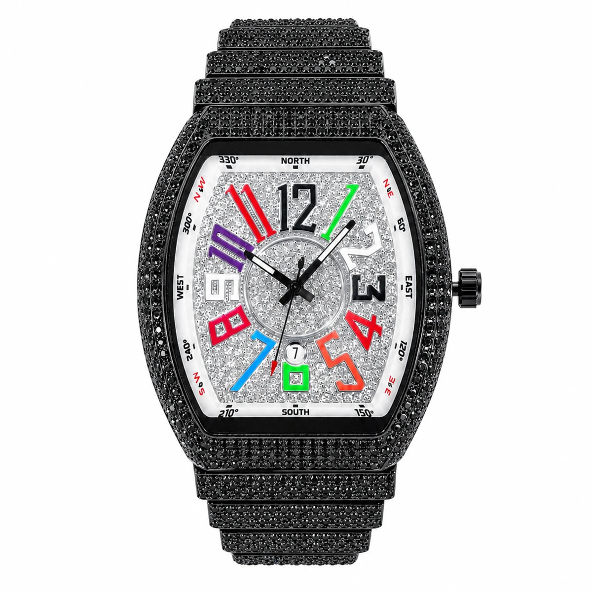 Men's Luxury Barrel-Shaped Quartz Watch With Black Iced Diamond Rainbow Number Dial Luminous Hands Watches For Man Dropshipping