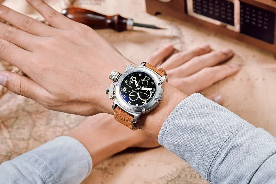 Automatic Watches for Men Mechanical Self Wind Genuine Leather Multifunction Date Boat Month Gold Bronze U Reloj Hombre Baratos