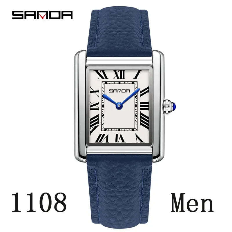 SANDA New Couple Tank Watches Wear Resistant Leather Strap Luxury Square Dial Waterproof Sports Casual Men Women Quartz Watches