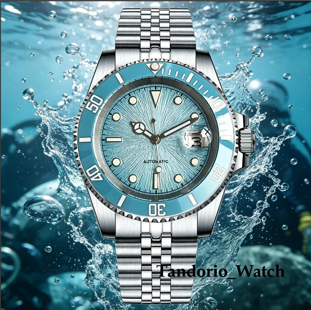 Tandorio 20ATM 40mm Men's Automatic Diver Watch For Miyota 8215 Asia 2824 Sapphire Glass Ice Blue Stainless Steel Jubilee Watch