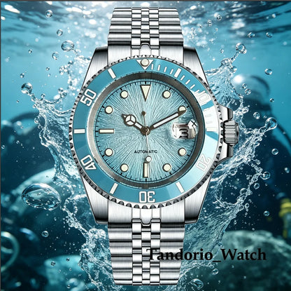 Tandorio 20ATM 40mm Men's Automatic Diver Watch For Miyota 8215 Asia 2824 Sapphire Glass Ice Blue Stainless Steel Jubilee Watch
