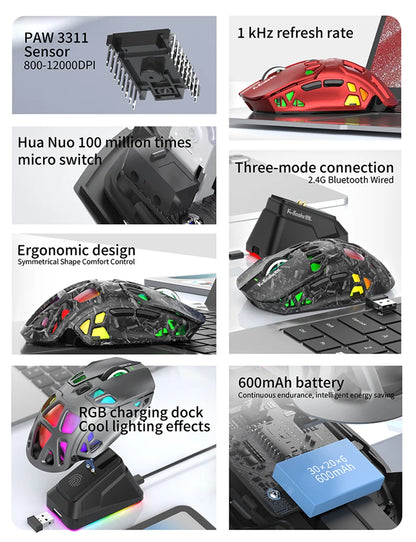 Лека геймърска мишка Lenovo Tri-Mode с RGB зарядна докинг станция 12000DPI 2.4G/Bluetooth/кабелна ергономична мишка за PC и лаптоп