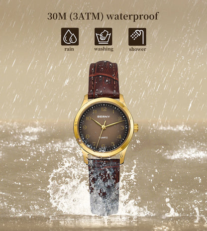 BERNY Gold Watch for Women Luxury Ladies Fashion Quartz Wristwatch Elegant Gradient Dial Multiple Scenarios Matching Lady Watch