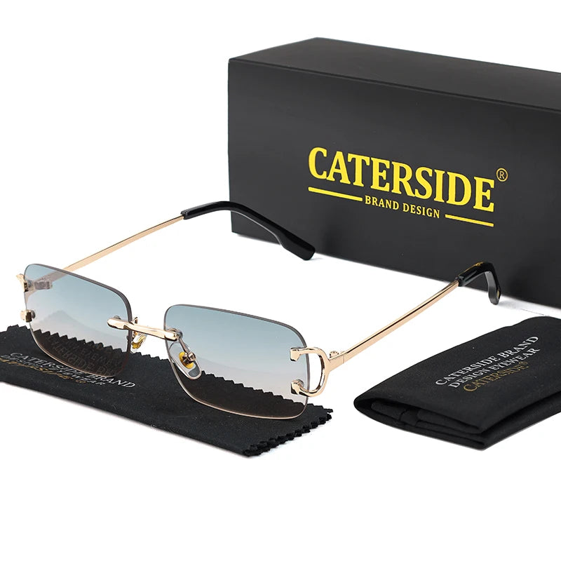CATERSIDE Ochelari de soare dreptunghiulari albaștri pentru bărbați, ochelari de soare pătrați fără ramă din metal, la modă, pentru femei, cu lentile degradate, ochelari de exterior, UV400